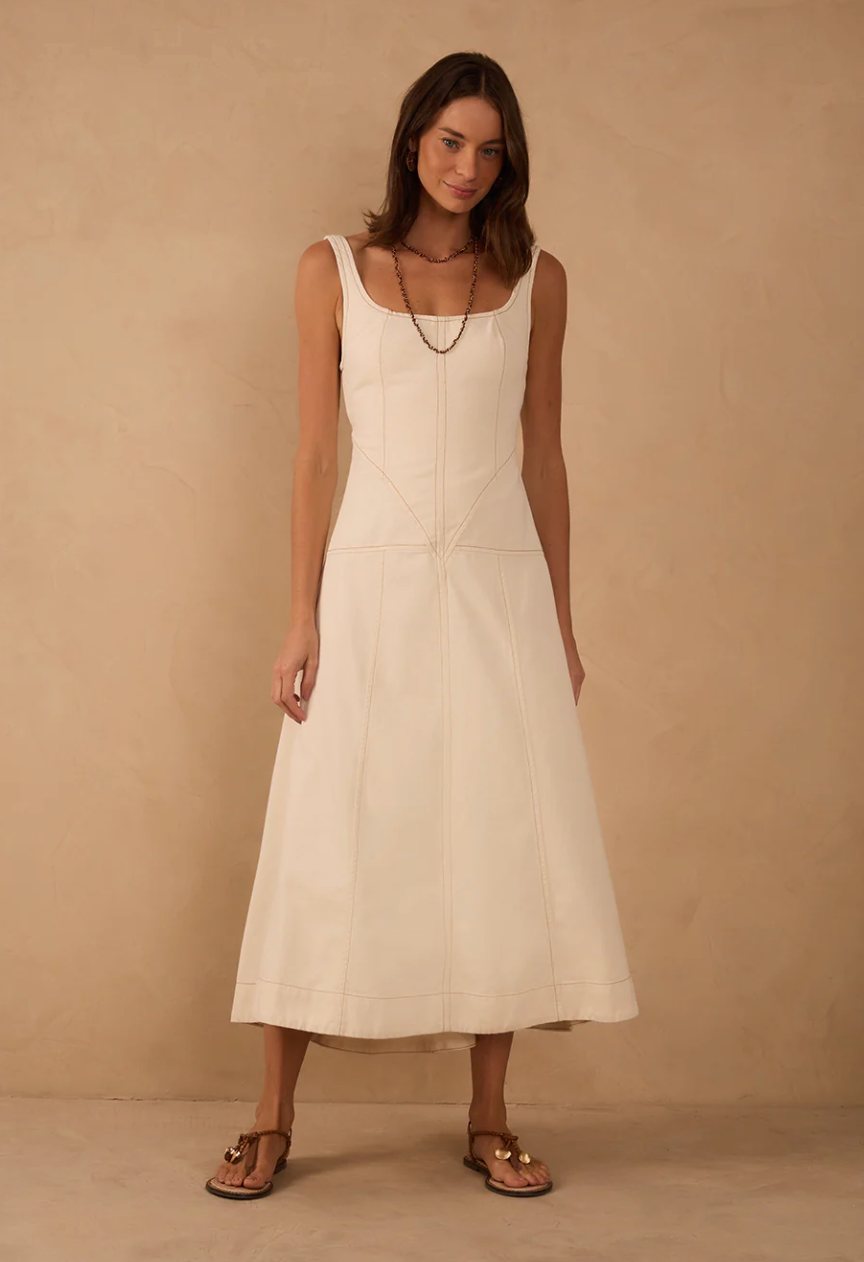 Topstitched Midi Dress Off White
