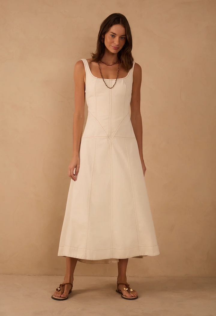 Topstitched Midi Dress Off White