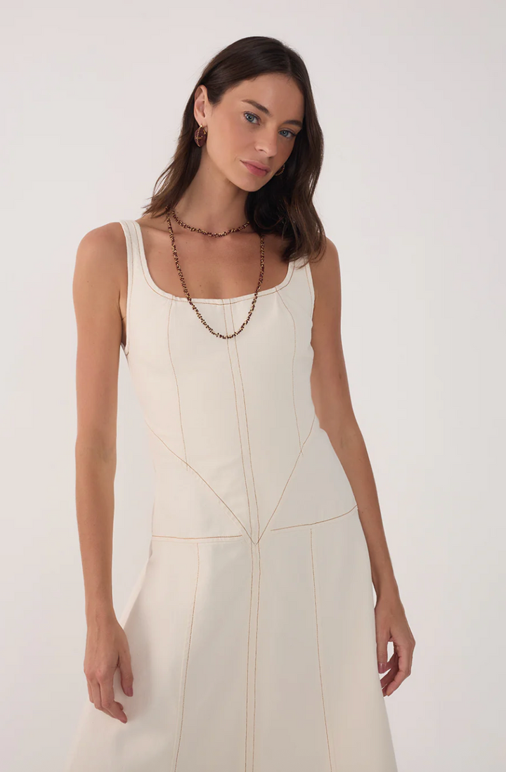 Topstitched Midi Dress Off White