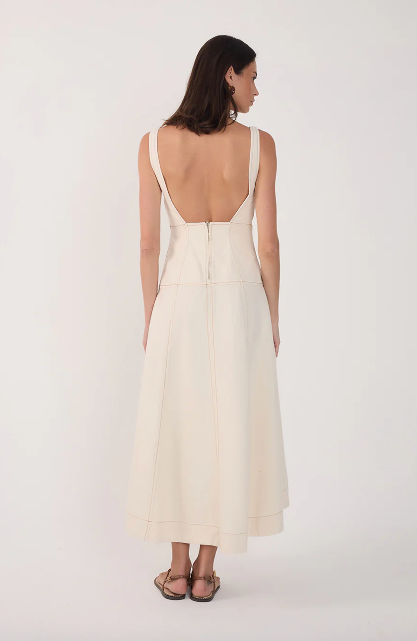 Topstitched Midi Dress Off White