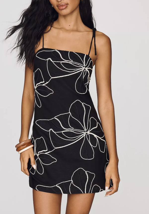 Spaghetti Self Strap Tie Mini Dress Black Multi