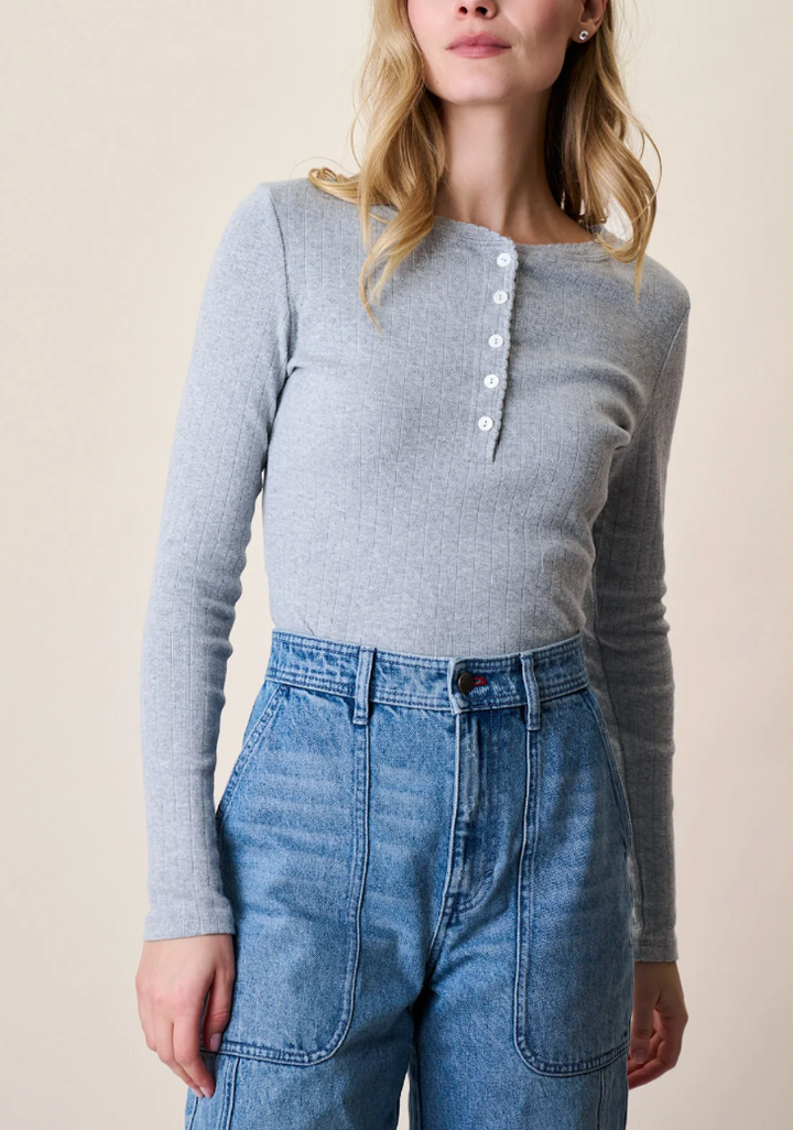 Pointelle Long Sleeve Henley Grey