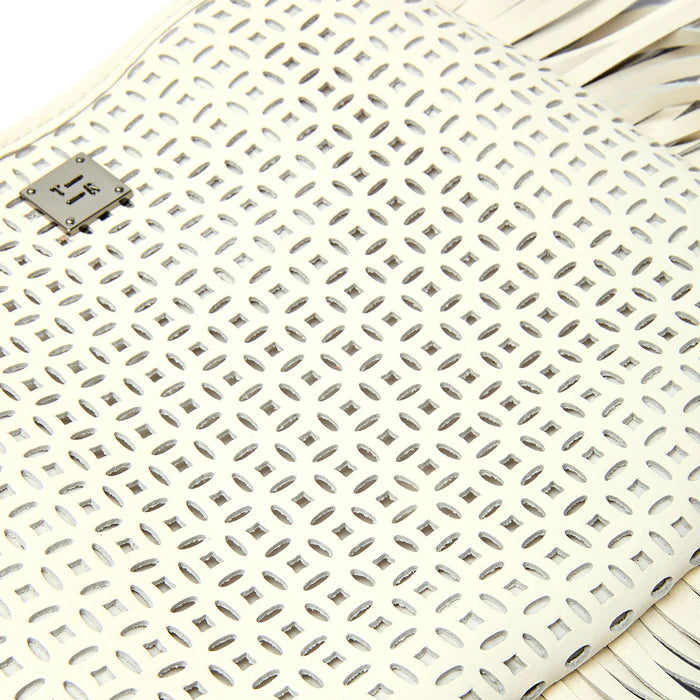 Free Spirit Fringe Perforated Leather Saddle Bag Cream
