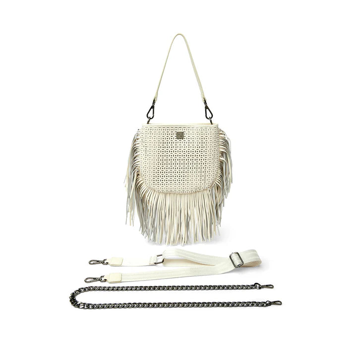 Free Spirit Fringe Perforated Leather Saddle Bag Cream