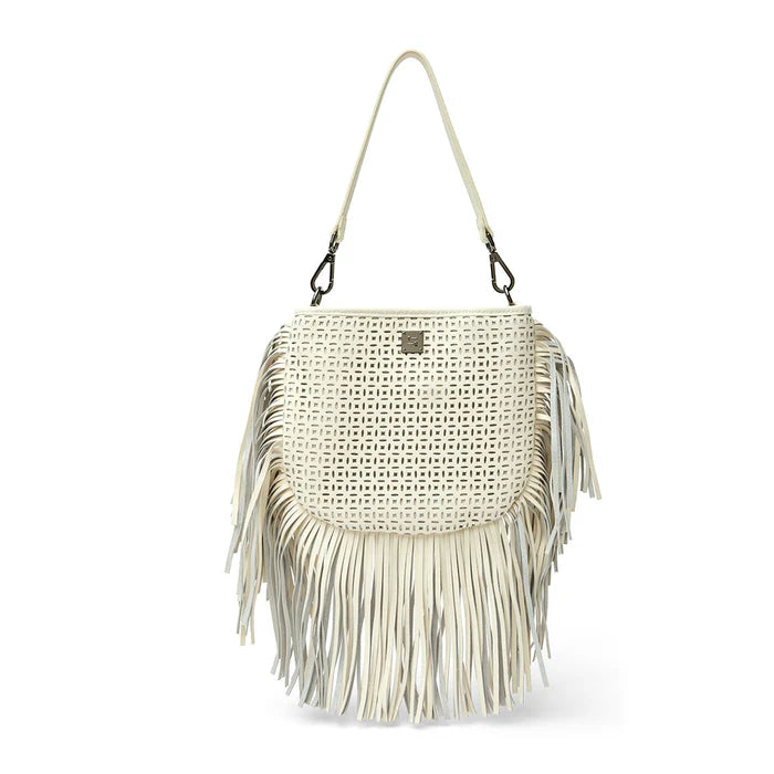 Free Spirit Fringe Perforated Leather Saddle Bag Cream