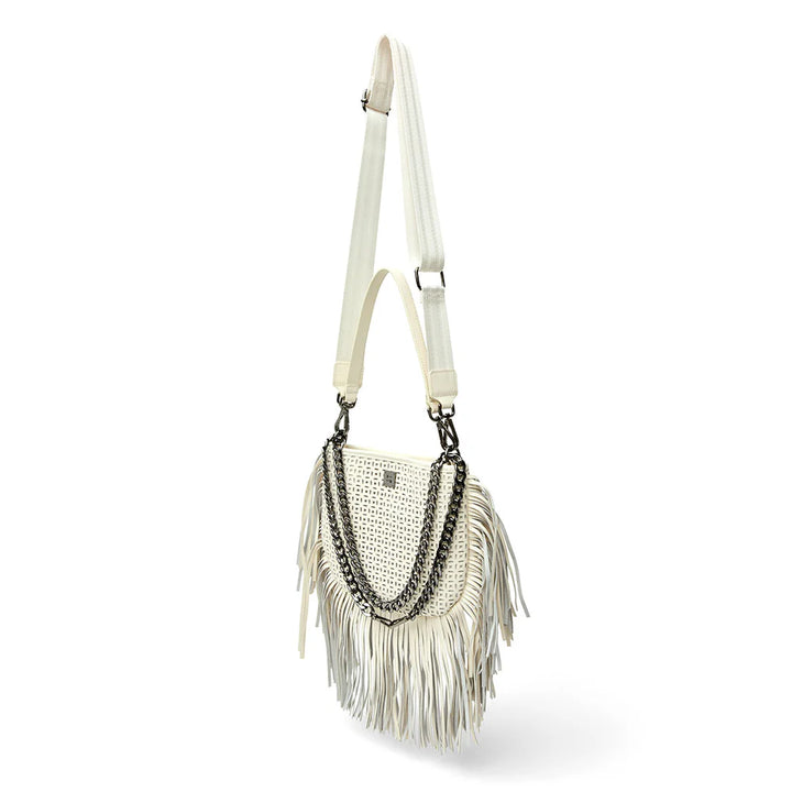 Free Spirit Fringe Perforated Leather Saddle Bag Cream