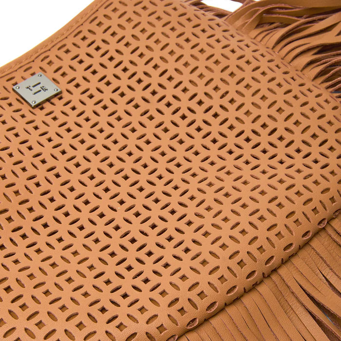 Free Spirit Fringe Perforated Leather Saddle Bag Terracotta