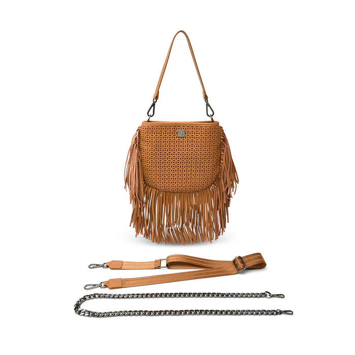 Free Spirit Fringe Perforated Leather Saddle Bag Terracotta