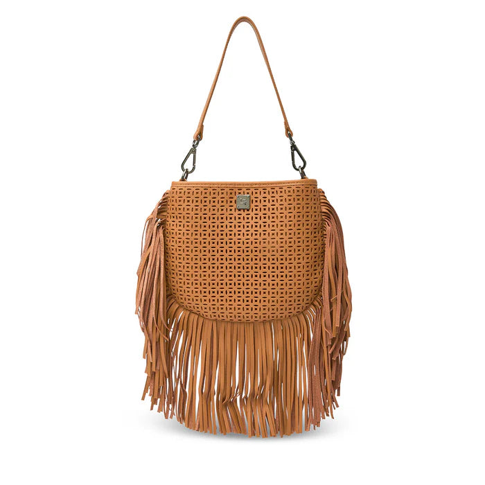 Free Spirit Fringe Perforated Leather Saddle Bag Terracotta