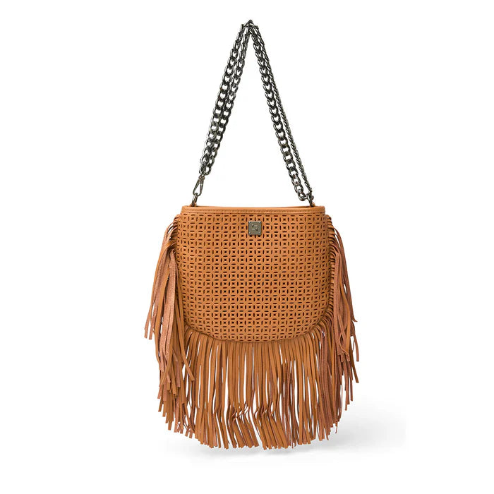 Free Spirit Fringe Perforated Leather Saddle Bag Terracotta