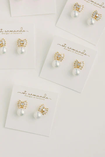 Gold Pearl Sparkler Holiday Statement Bow Earrings