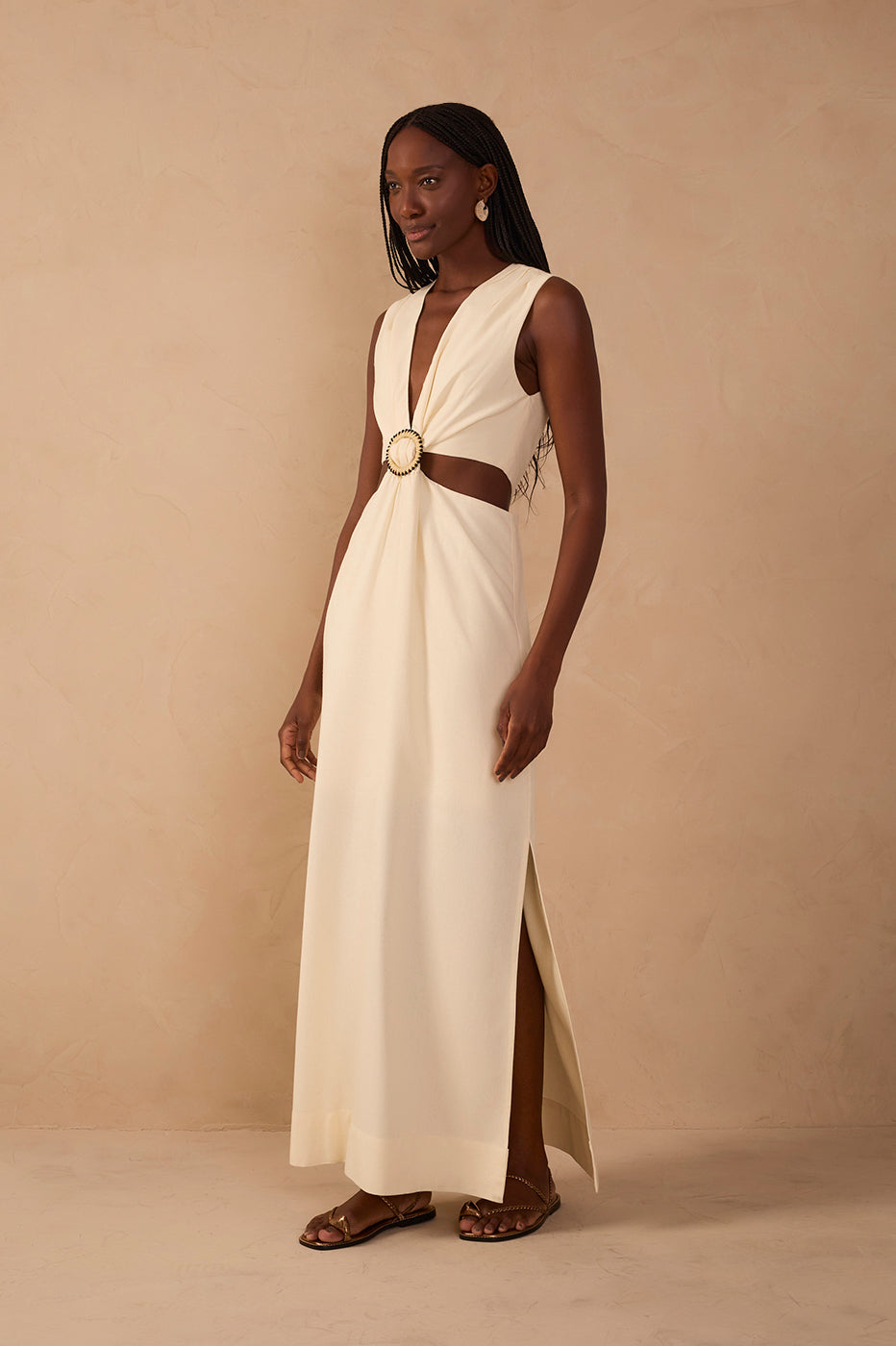 Beige Shell Embroidered Buckle Linen Maxi Dress