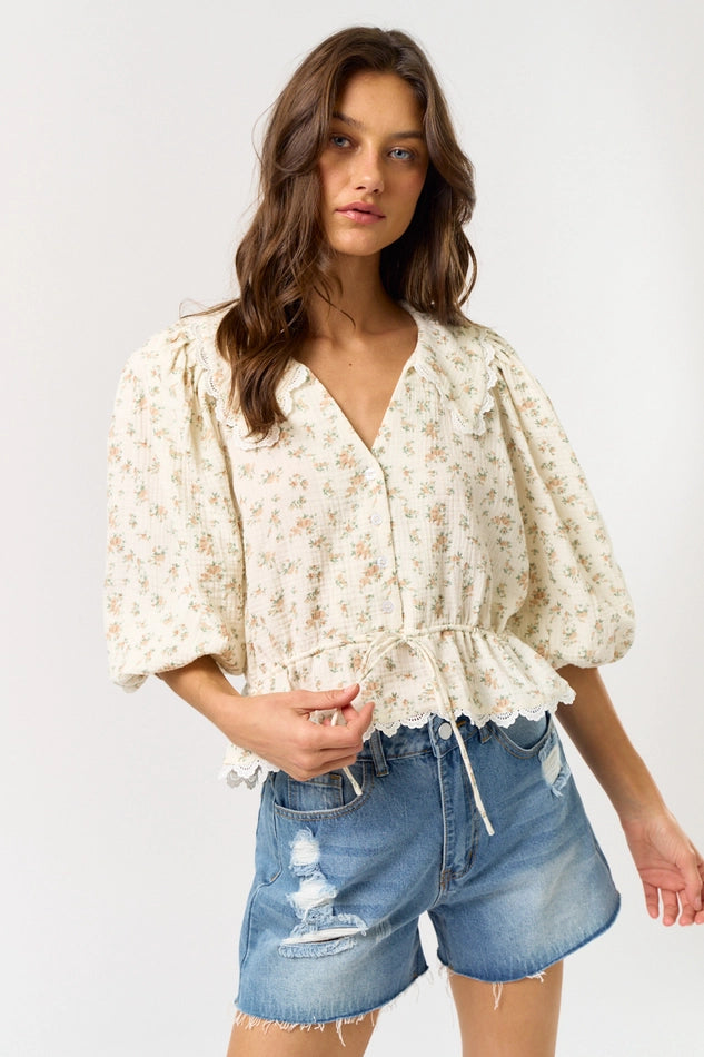 3/4 Puff Sleeve Lace Floral Top