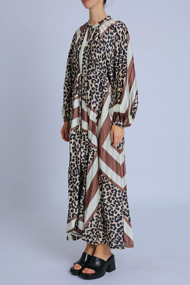 Striped & Leopard Printed Pleats Maxi Dress