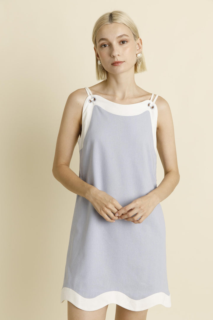 Linen Wave Hem Mini Dress Blue