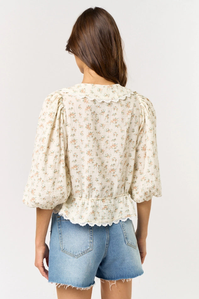 3/4 Puff Sleeve Lace Floral Top