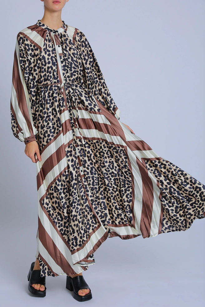 Striped & Leopard Printed Pleats Maxi Dress