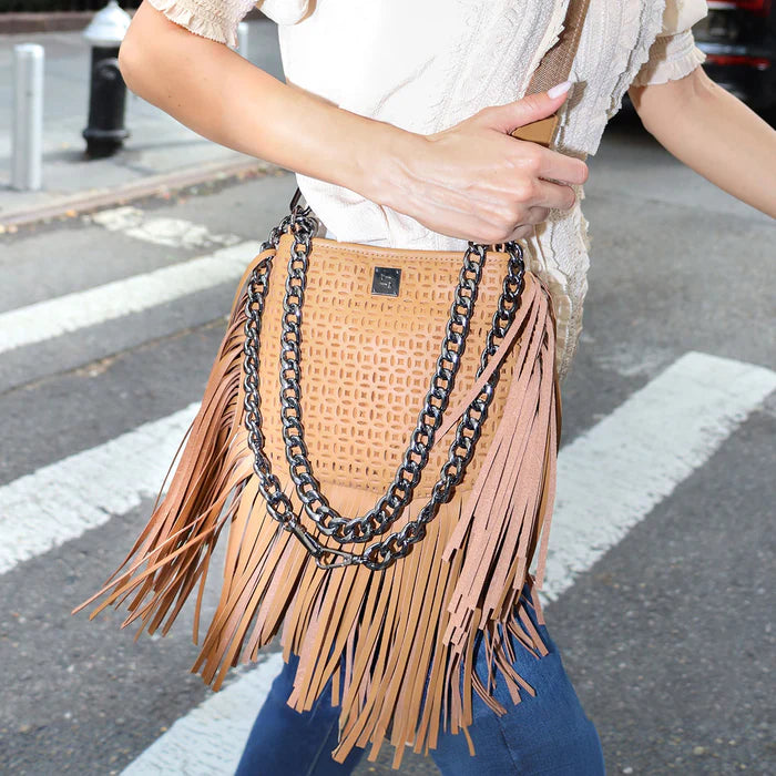 Free Spirit Fringe Perforated Leather Saddle Bag Terracotta