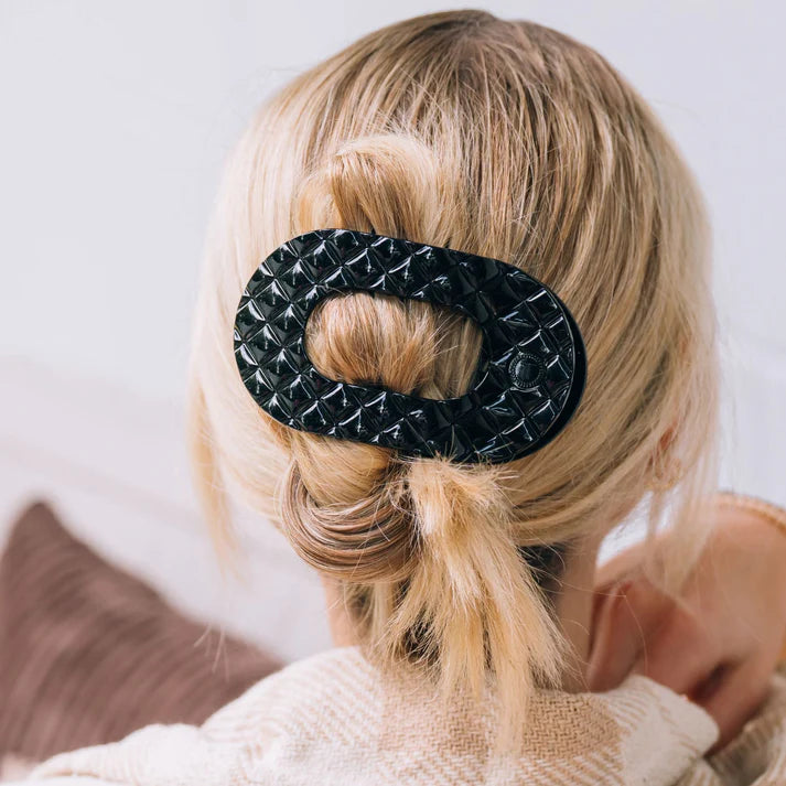 Flat Round Hair Clip Large Jet Black Quilted
