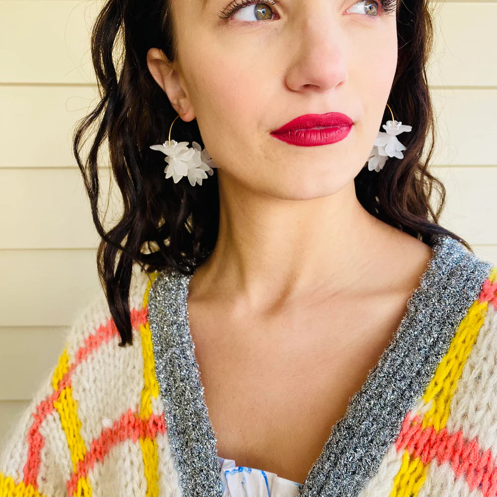 Floral Hoop Earrings White